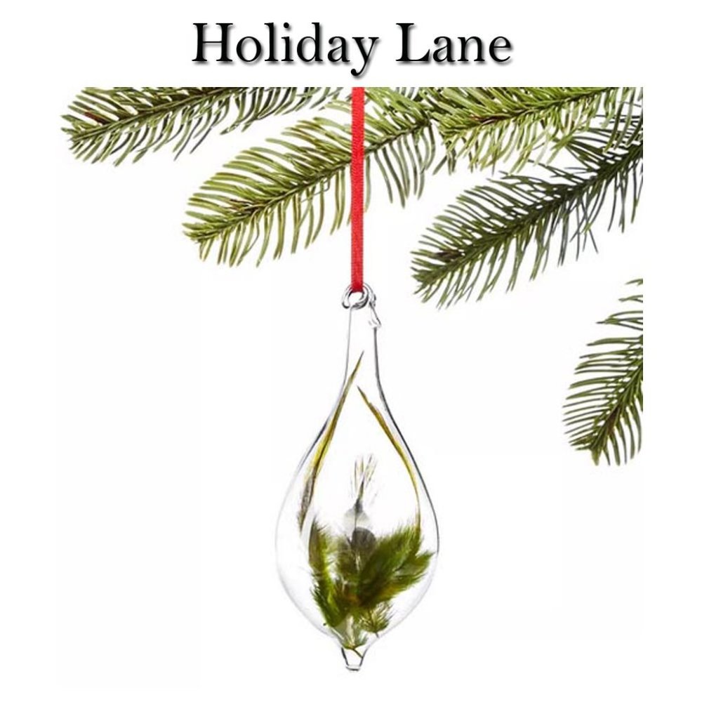3 Birds & Boughs Green Feather Glass Ornament NWT